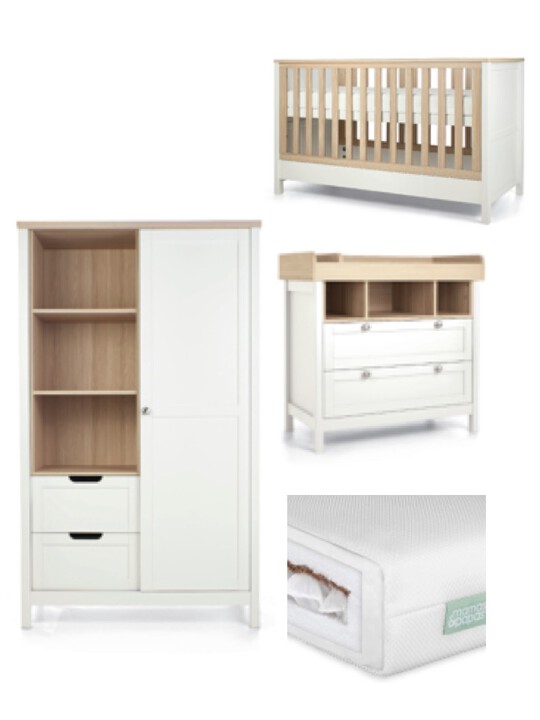 Harwell 4 Piece Cotbed with Dresser Changer, Wardrobe, and Premium Dual Core Mattress Set - White image number 1